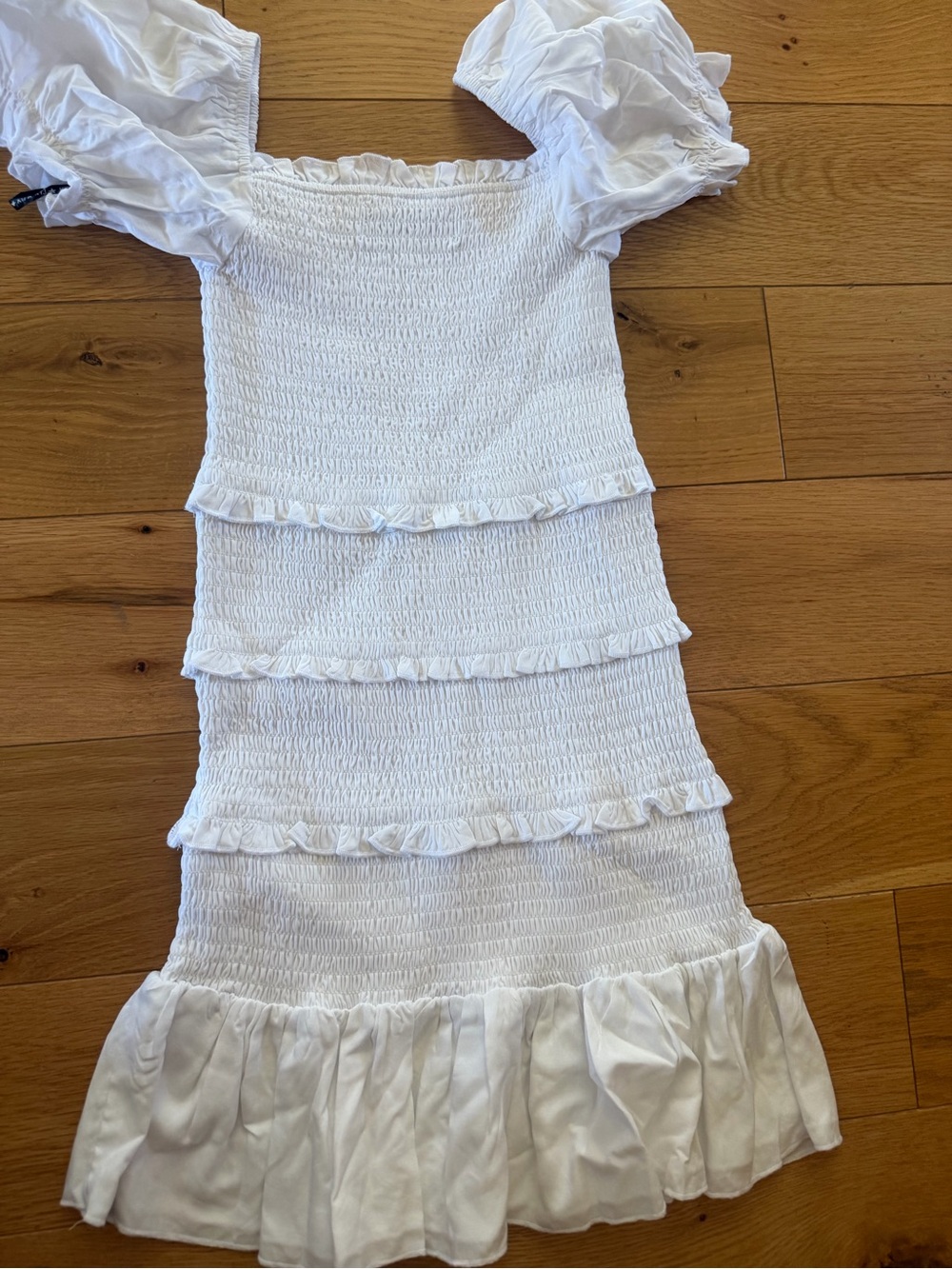 Katie J NYC White Smocked Dress with Logo Tag